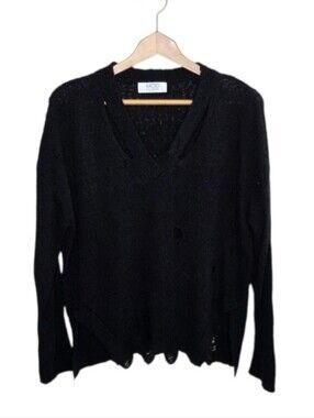 Mod on Trend Black Distressed Thrashed V-neck Knit Sweater Size Large